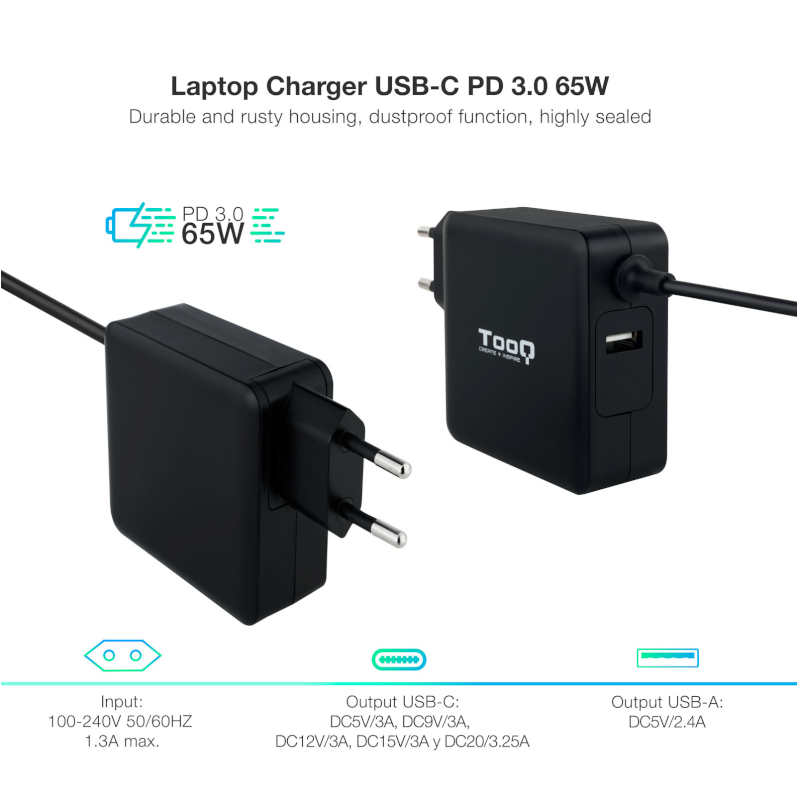 Tooq Carregador portátil conector USB-C 65W Tooq Carregador portátil conector USB-C 65W