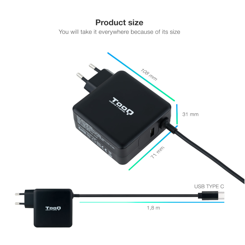 Tooq Carregador portátil conector USB-C 65W Tooq Carregador portátil conector USB-C 65W