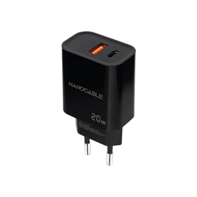 Nanocable Carregador USB-C/PD+USB-A/QC 20W Black