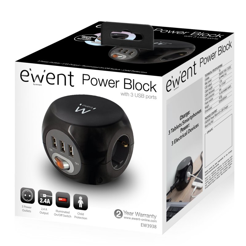 EWENT EW3938 Cube Power Strip 3 Schuko Outlets + 3 USB EWENT EW3938 Cube Power Strip 3 Schuko Outlets + 3 USB