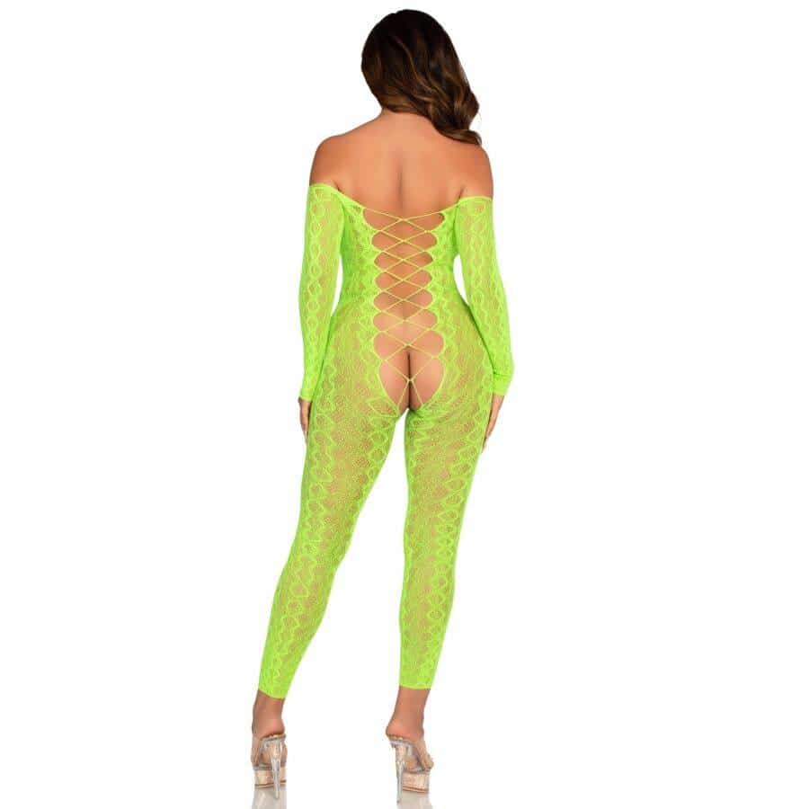 Leg Avenue - Bodystocking de Renda Exótica Cobra Verde Neon Leg Avenue - Bodystocking de Renda Exótica Cobra Verde Neon