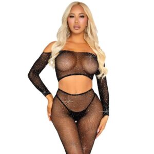 Leg Avenue Fishnet Crop Top and Legging Set with Rhinestones