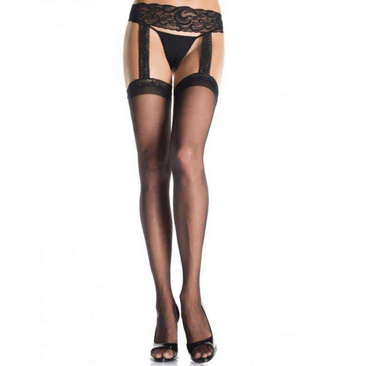 Leg Avenue Meias Pretas Náilon com Cinta Renda