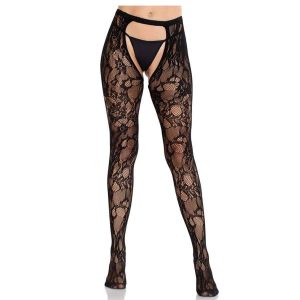 Leg Avenue Rose Lace Hold Ups Open Back Design