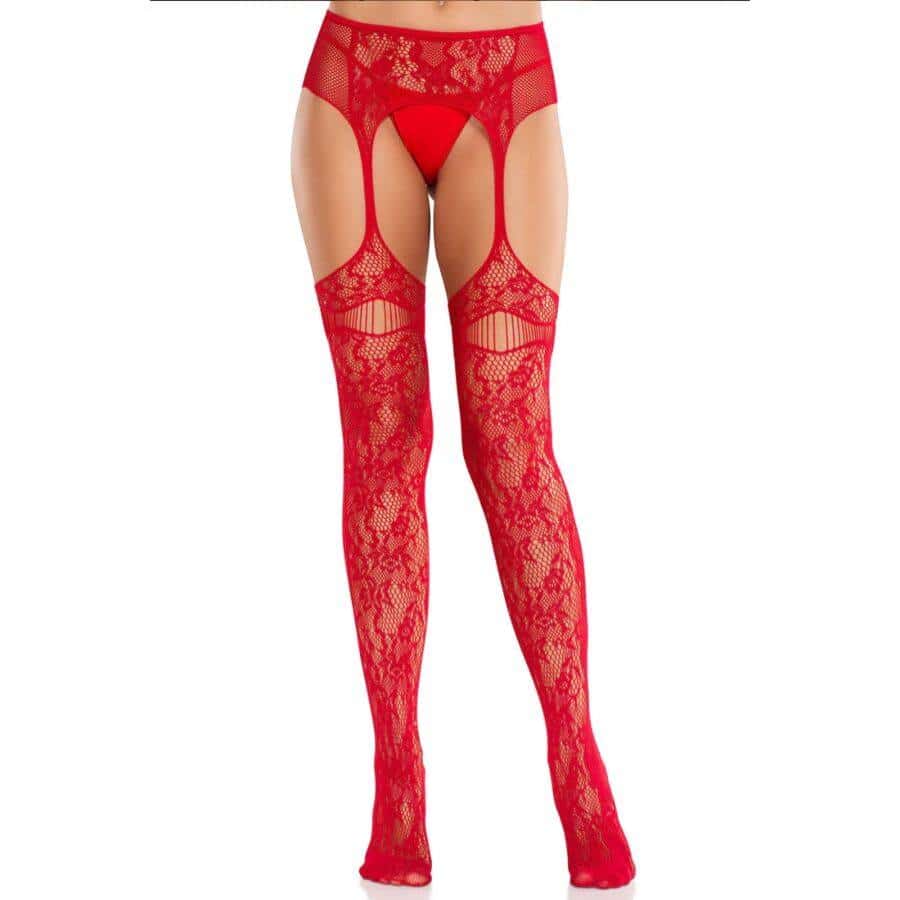 Leg Avenue - Meias de Renda com Liga Vermelha