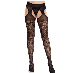 Leg Avenue United Black Floral Lace Garter Tights