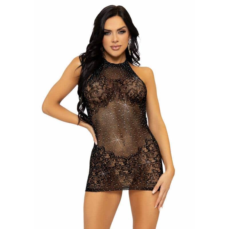 Leg Avenue - Black HALTER MINI DRESS WITH RHINESTONES - ONE SIZE