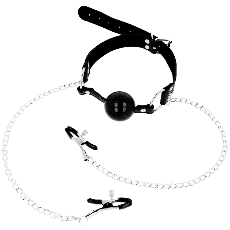 Ohmama Fetish - Black Ball Gag with Nipple Clamps for Sensual Play