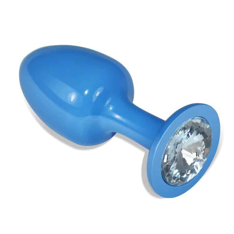 Plug Anal de Metal Azul Rosebud com Joia Transparente