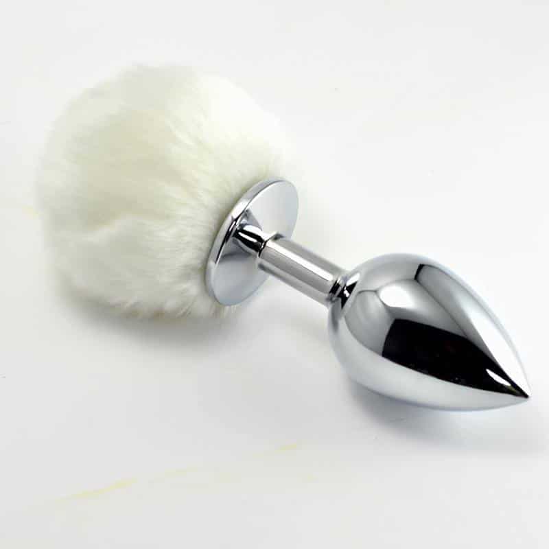 Metal Anal Plug with White Pompon Size L